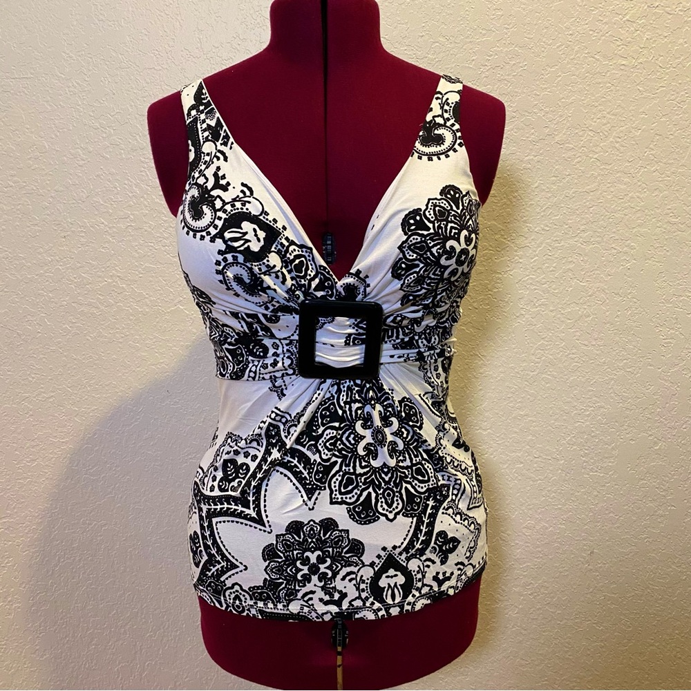 Cach’e | White Blouse with Black Flower Pattern M 🎬